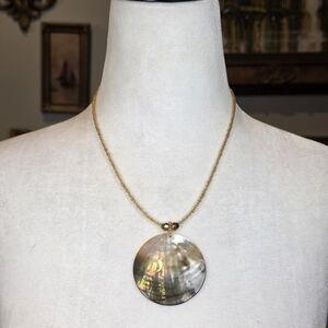 Iridescent Mother of Pearl Shell Pendant Necklace Gold Seed Bead Chain